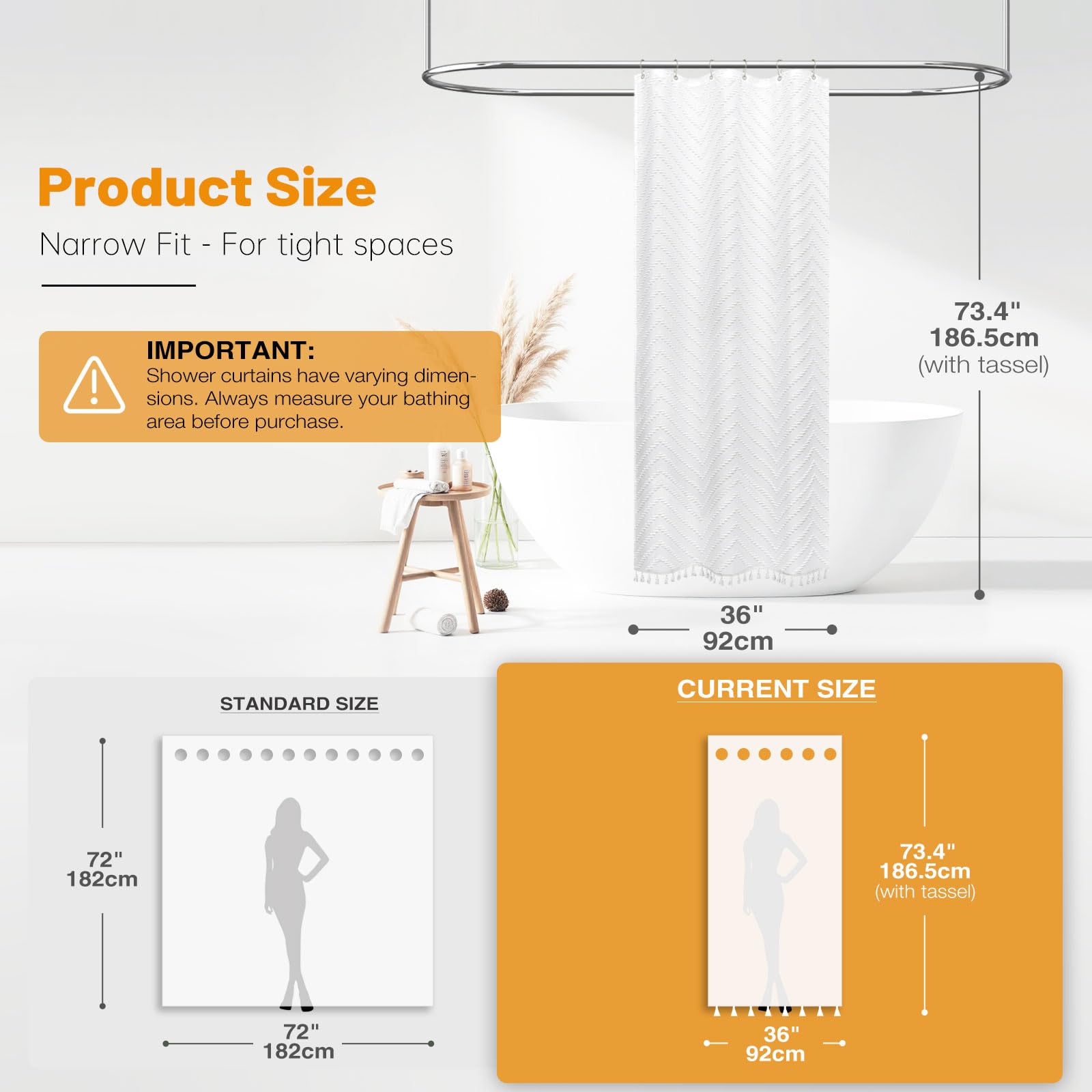 BTTN Narrow Boho Tufted Chevron Shower Curtain, Waterproof, 92x186cm, White