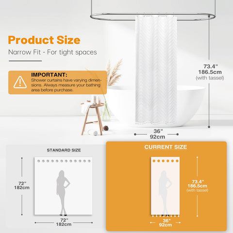 BTTN Narrow Boho Tufted Chevron Shower Curtain, Waterproof, 92x186cm, White