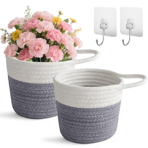 Cotton Hanging Baskets, Organiser, Storage Basket, Wall Baskets with Handle, 15 x 15 cm, Storage Baskets for Kitchen, Bathroom, Bedroom, Living Room