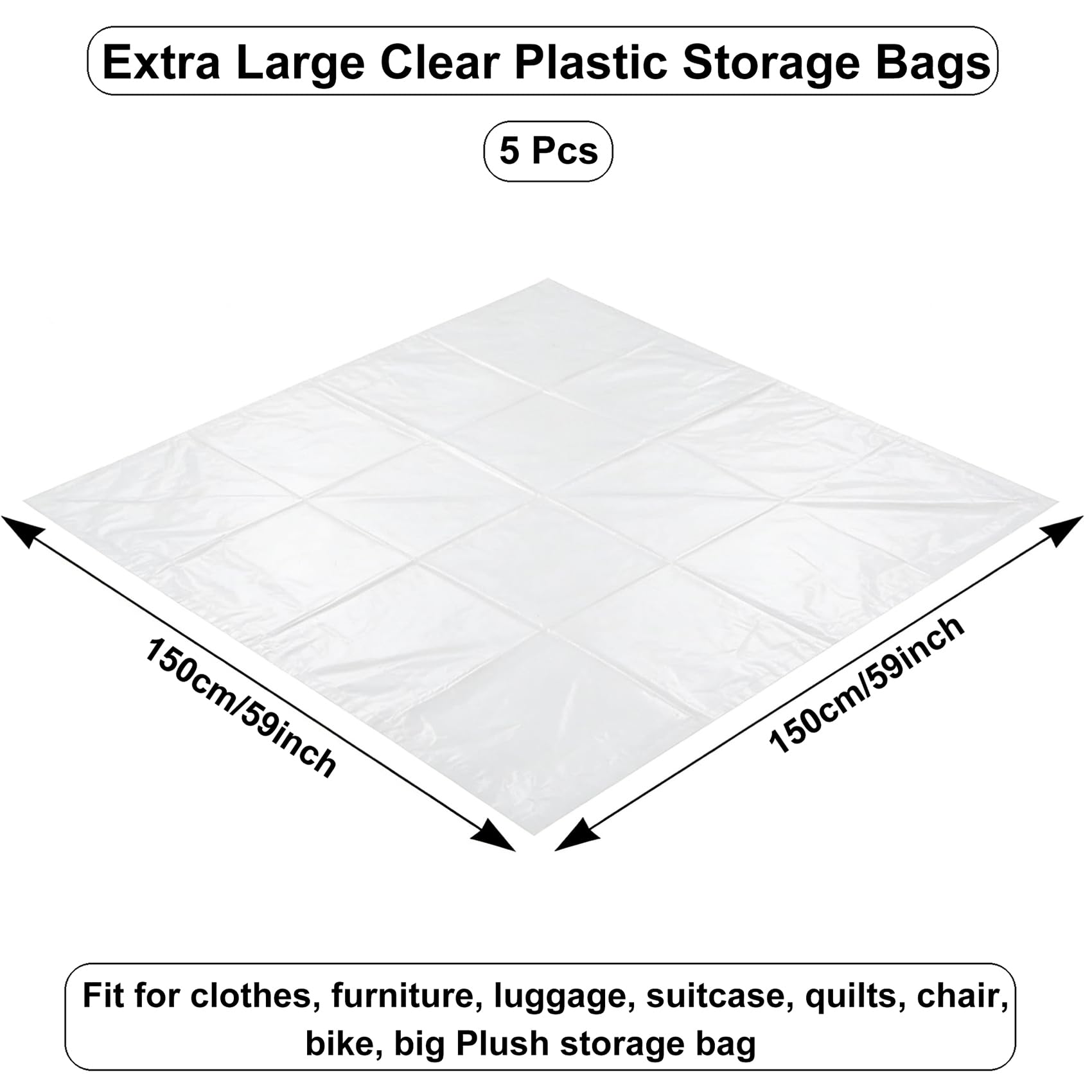 QISF Extra Large Clear Plastic Bags 150 x 150 cm, 5 PCS Waterproof Jumbo Storage Bags,Suitcase Storage Bag for