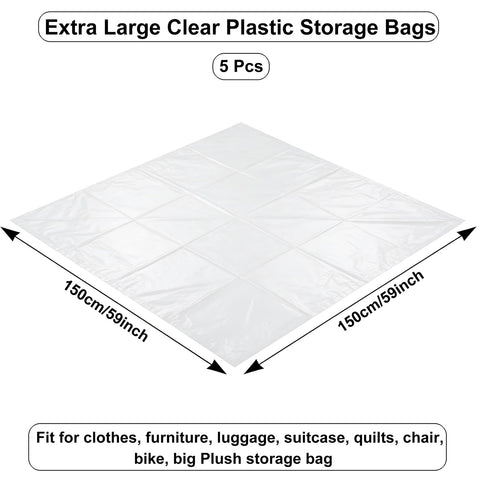 QISF Extra Large Clear Plastic Bags 150 x 150 cm, 5 PCS Waterproof Jumbo Storage Bags,Suitcase Storage Bag for