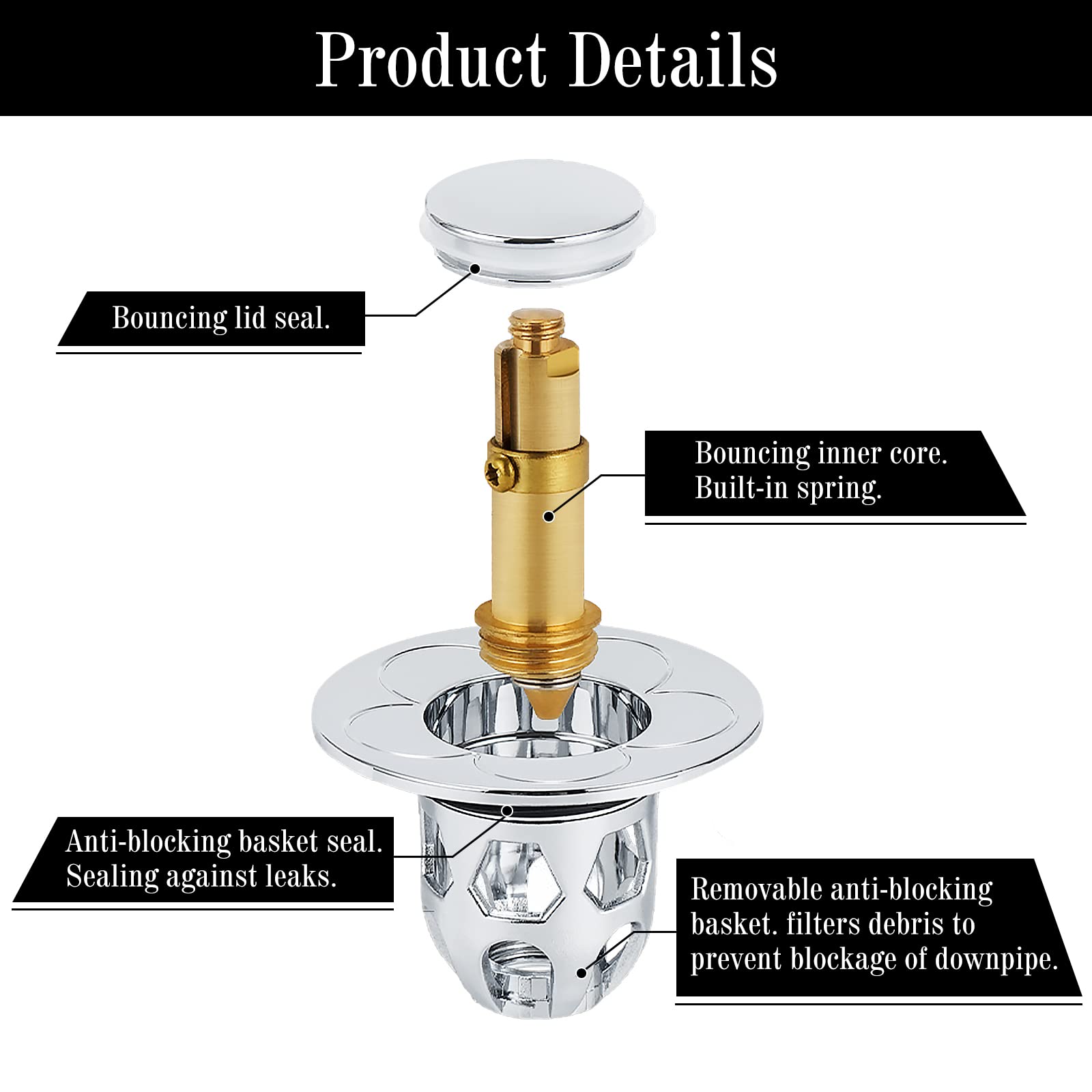 RUNEAY Sink Drain Plug Pack of 2 Sink Plug Pop Up Universal Drain Strainer with Anti-Clogging Strainer for Sinks Bathtub Kitchen Diameter 34-40 mm