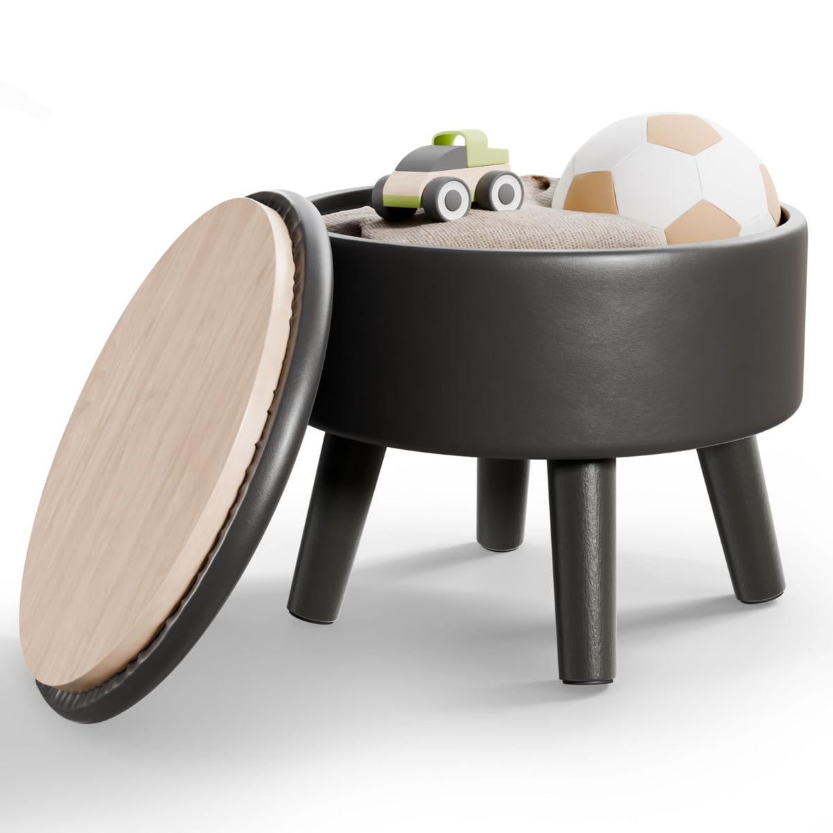 BRIAN & DANY Footstool with Storage, Small Storage Ottoman, Faux Leather Round Stool with Lid, Foot Stool with Legs for Living Room Entryway, Black