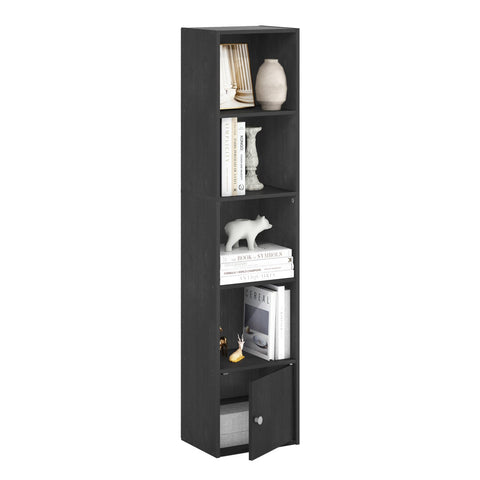 Furinno LUDER Book Shelf, 5-Tier Modern Bookshelf, Bookcase with 1 Door Storage Cabinet, 9.3 x 12 x 52, for Living Room, Bedroom, Home Office