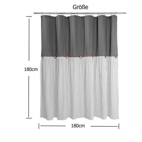 DOSLY IDÉES Linen-Cotton Shower Curtain, Country Style, Grey Striped, Buttons, Woven Fabric, Pleated, 180 x 180 cm