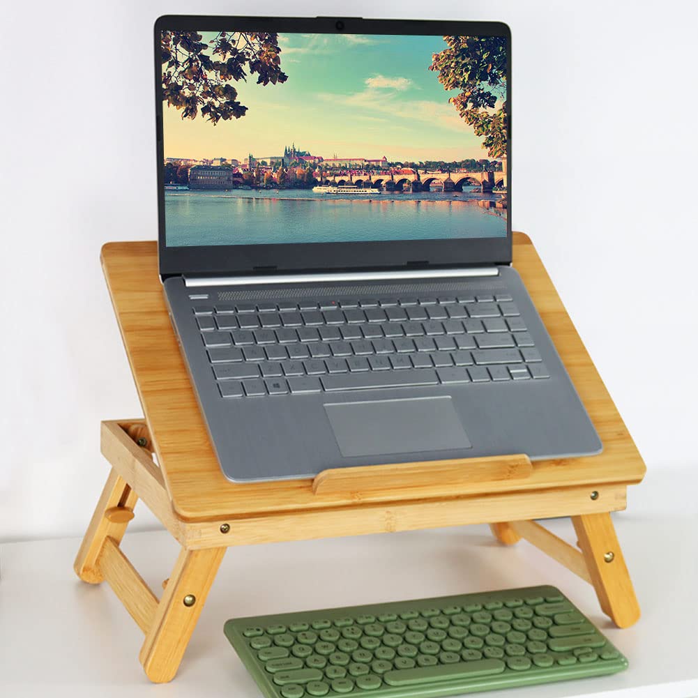 WKWKER Bamboo Laptop Desk With Folding Legs Tilting Surface Workstation Table Adjustable Laptop Stand Bed Tray For TV Sofa Study Computer Ipad Book