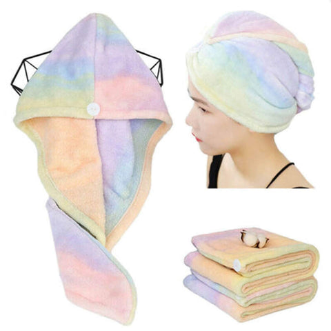 QKTYB 2 Pack Microfiber Hair Towel Wrap Rainbow Quick Dry Super Absorbent Twist Turban Drying Hair Caps with Button Dry Hair Hat for Women Girl,65 x
