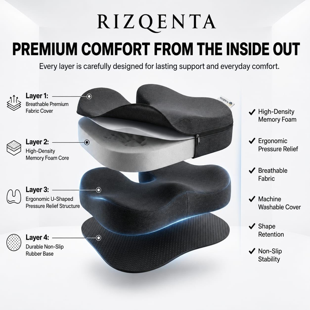 RIZQENTA Memory Foam Office Chair Cushion, Ergonomic U-Shaped Seat Cushion for Coccyx & Tailbone Support, Car Seat, Home, Desk Chair & Wheelchair