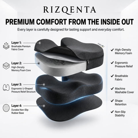 RIZQENTA Memory Foam Office Chair Cushion, Ergonomic U-Shaped Seat Cushion for Coccyx & Tailbone Support, Car Seat, Home, Desk Chair & Wheelchair