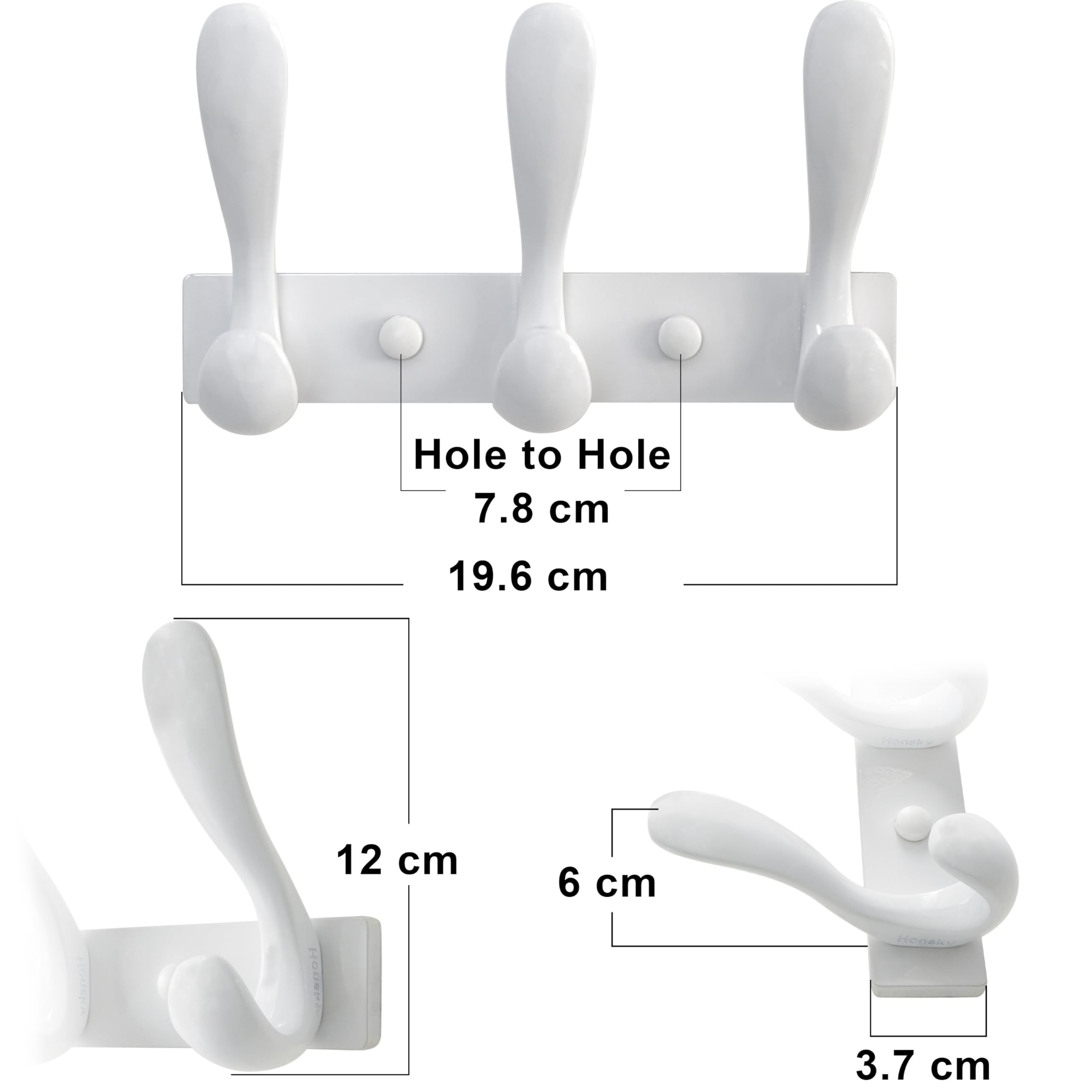 HONSKY Wall Coat Rack, Towel Rack,Metal Wall Coat Hanger with 3 Double Hooks (6 Hook), for Hanging Coat, Hat, Bag, in Hallway Entryway, White
