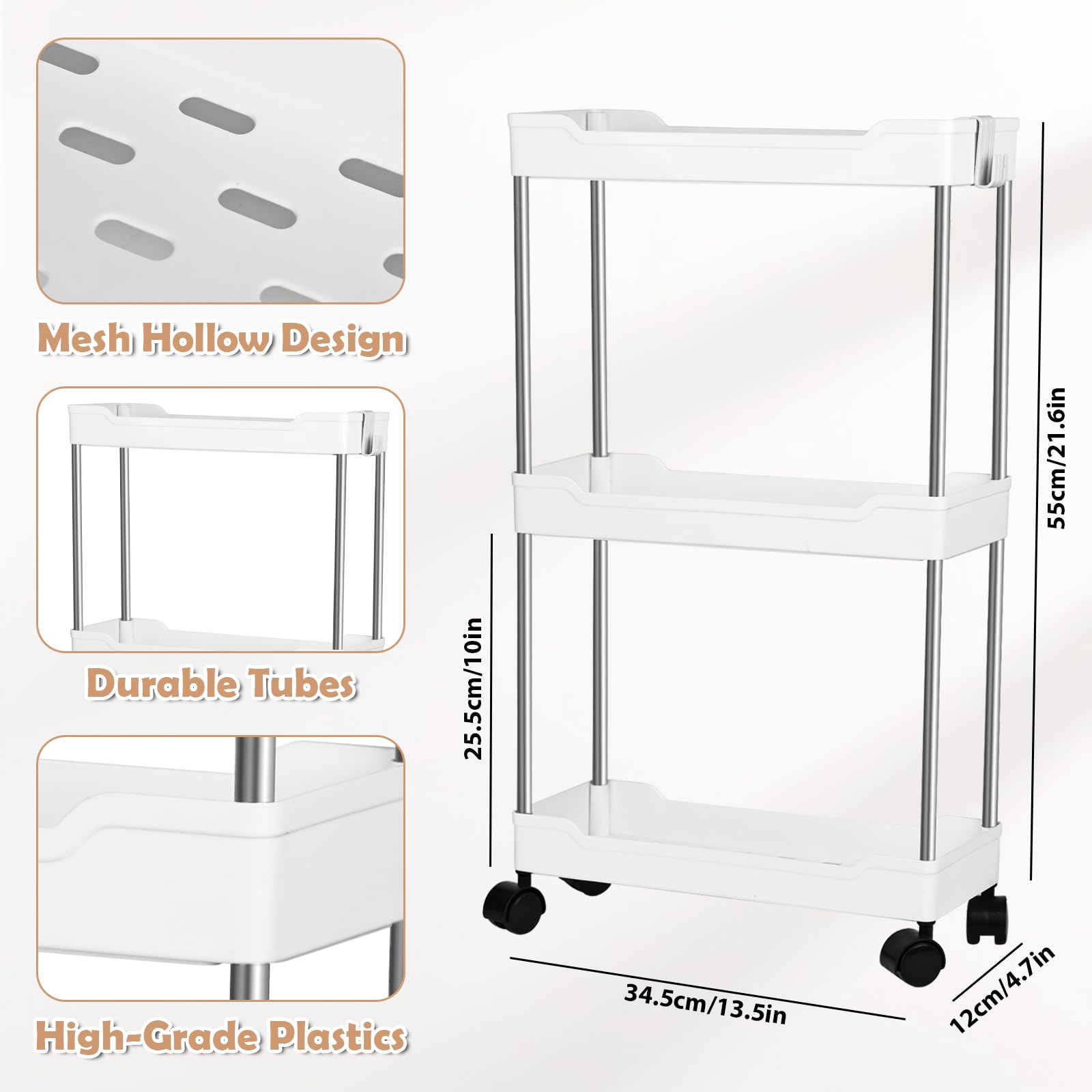 3 Tier Slim Storage Trolley Slide Out Rolling Utility Shelf Rack Storage Cart on Wheels Mobile Shelving Space Organizer with Hook for Small Narrow
