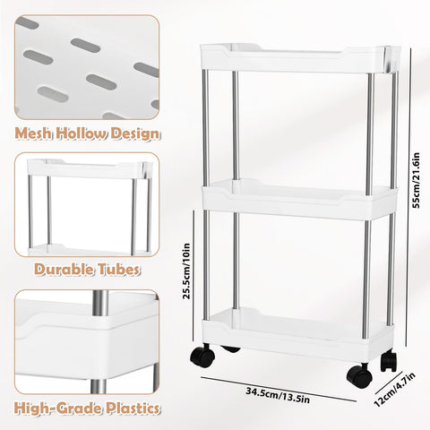 3 Tier Slim Storage Trolley Slide Out Rolling Utility Shelf Rack Storage Cart on Wheels Mobile Shelving Space Organizer with Hook for Small Narrow