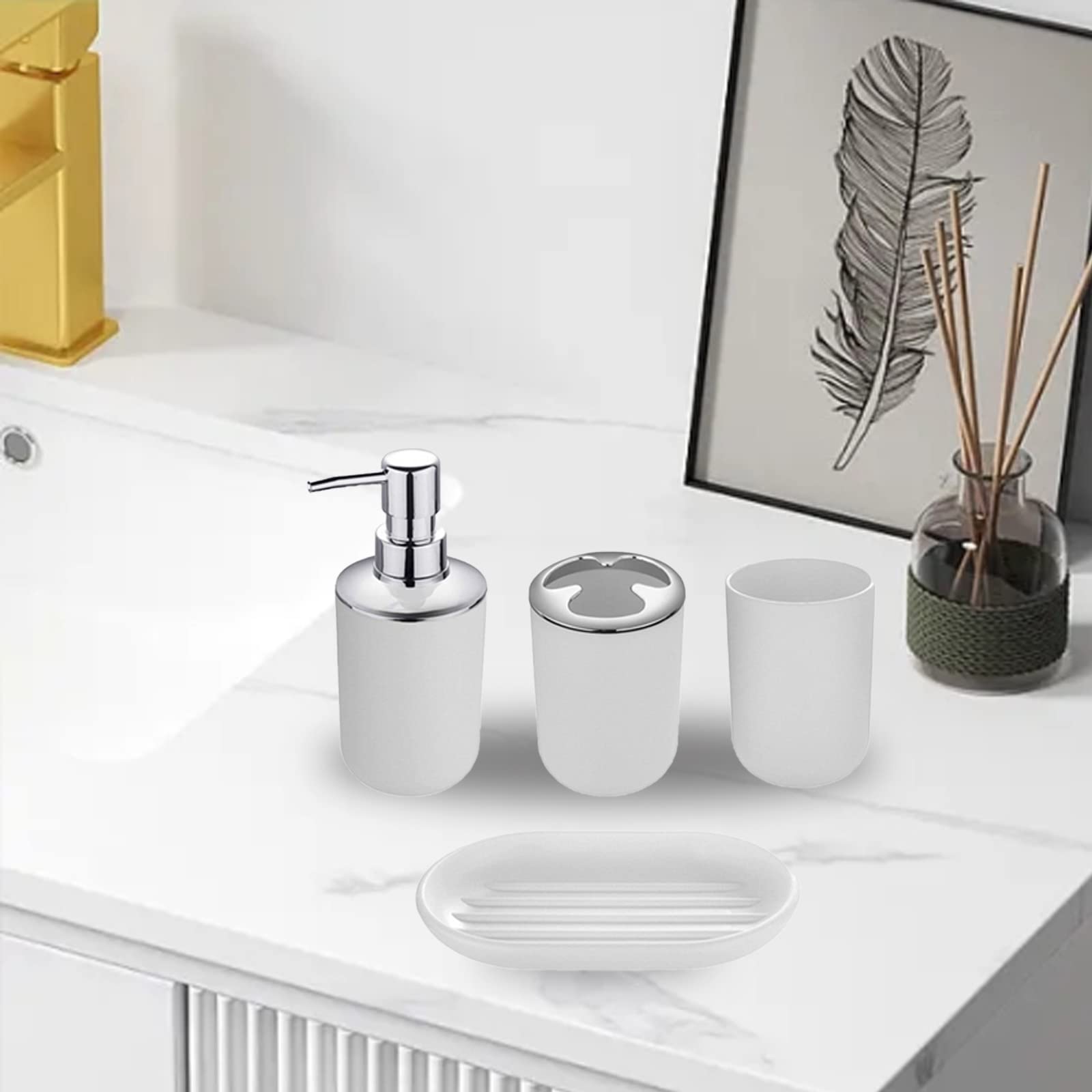 Hosoncovy 4 Pieces Bathroom Accessory Set with Soap Dispenser, Bathroom Cup, Soap Dish ，Toothbrush and Toothpaste Holder (White)