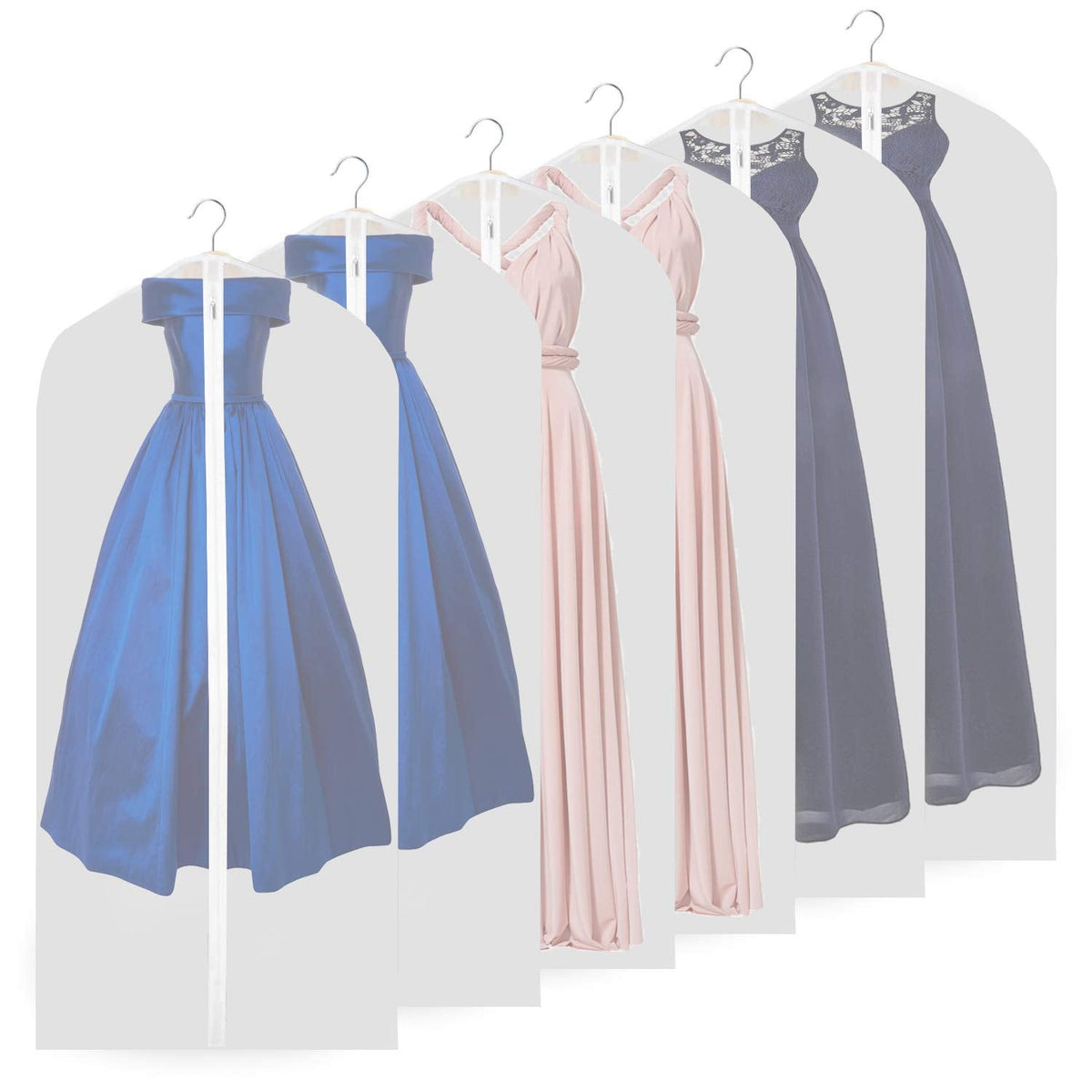 Garment Bags, Breathable 63 inch(6 PCS) Long Wedding Gowns Dress Bags Coat Clothes Covers Bags Moth Resistant Hanging Zipped Garment Bags for Long