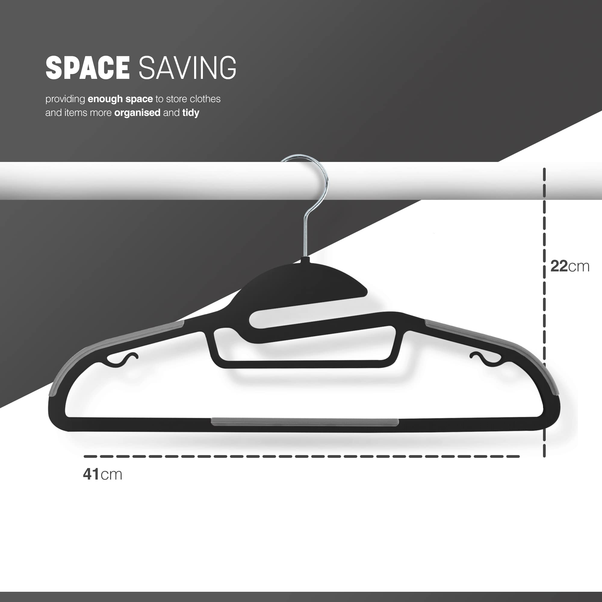 KEPLIN 20-Pack Non-Slip Hangers – Durable, Slimline Design for Space Saving with 360° Swivel, Tie Organiser, Strap Hooks, and S-Shape Opening (Black)