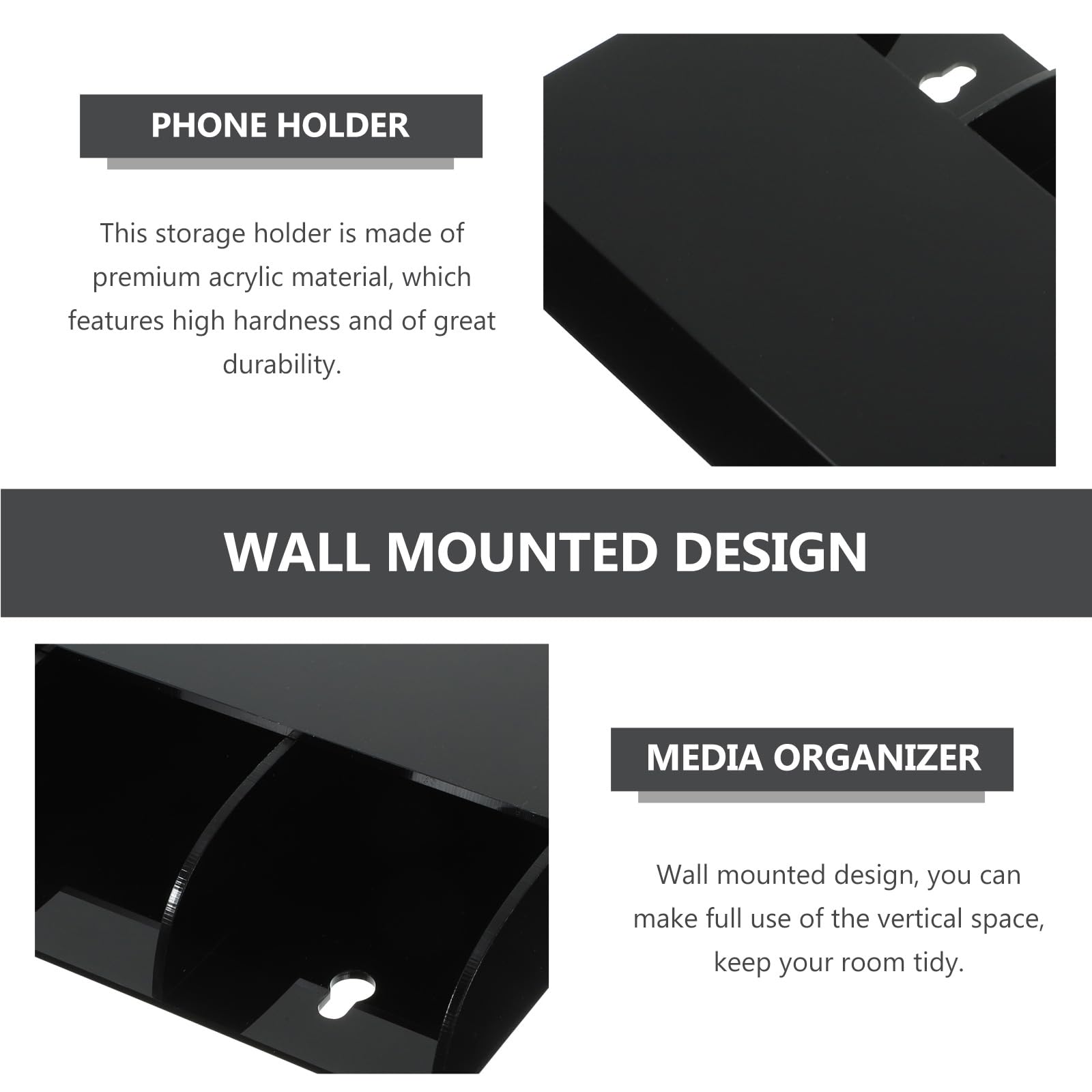 jojofuny 3 Slot Remote Control Holder Wall Mounted, Black Acrylic TV Organiser, Self Adhesive Media Storage for Controller Phone Pen