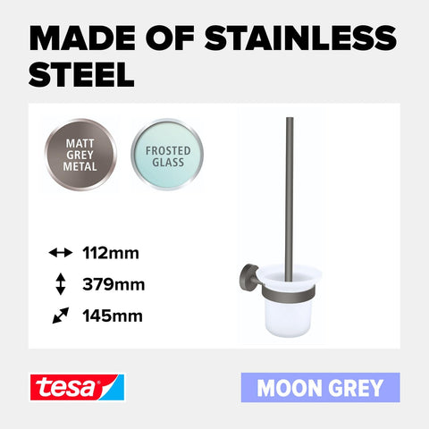 tesa MOON GREY Toilet Brush Set, with holder and toilet brush, matt grey, satin glass - for industrial style and modern bathrooms - drill-free