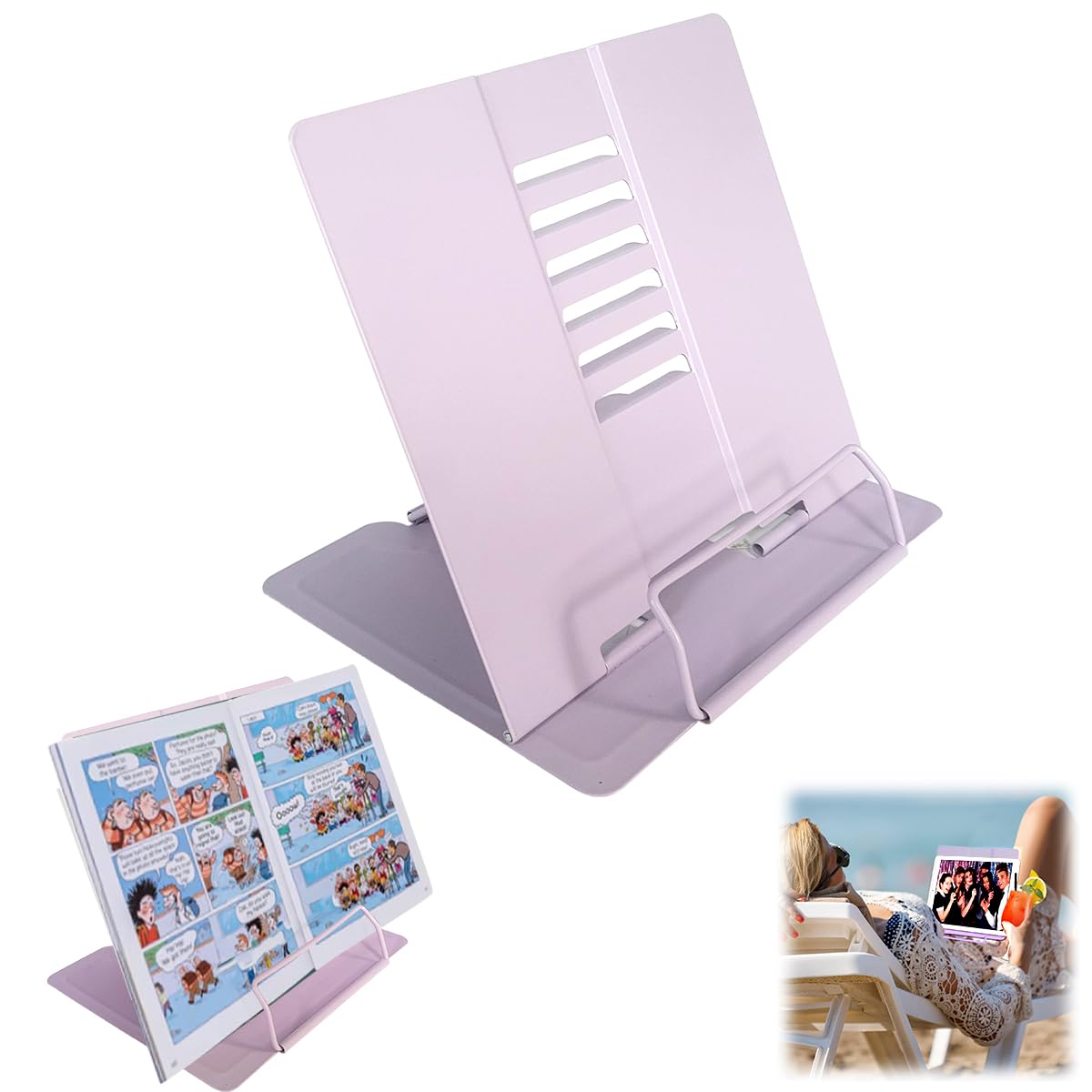 Garegce Metal Book Stand Folding, Book Holder, Cookbook Stands 6-Position Adjustable Height for Reading Rack, Tablet, Mobile Phone