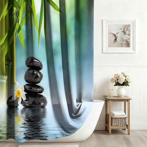 Xiaoterna Spa Garden Shower Curtain Bokeh Spa Green Bamboo Black Stone Flower Bathroom Curtain Simple Home Garden Waterproof Shower Curtain Machine