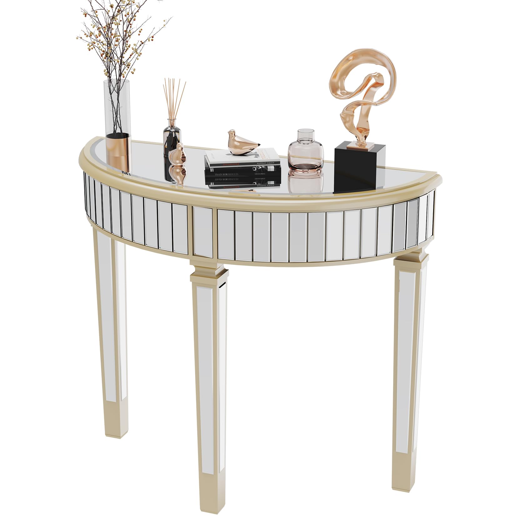 Artloge Half Moon Console Table Mirrored : Silver Hallway Table 90 x 35 x 80.5cm Aesthetic Elegant Glass Console Tables with Sturdy Square Column Leg