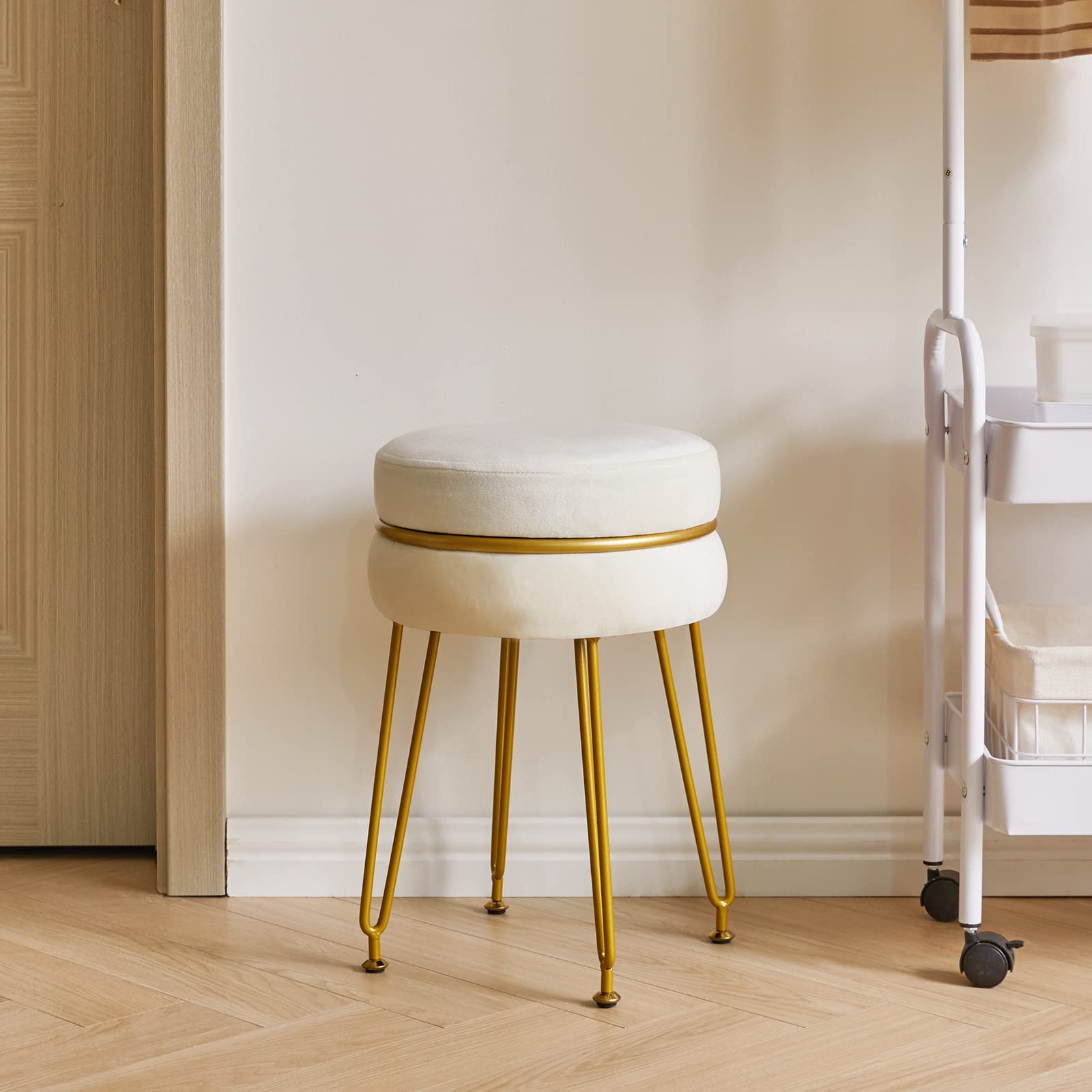 IBUYKE Velvet Round Footstool Ottoman, Vanity Chair Stool, White L/G-40M