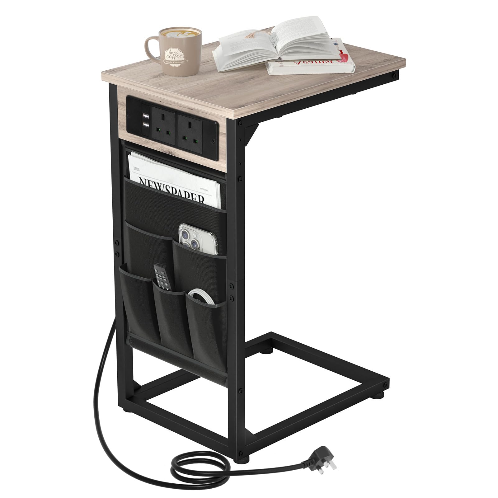 AMHANCIBLE C-Shaped Side Table, Side Table with Charging Station