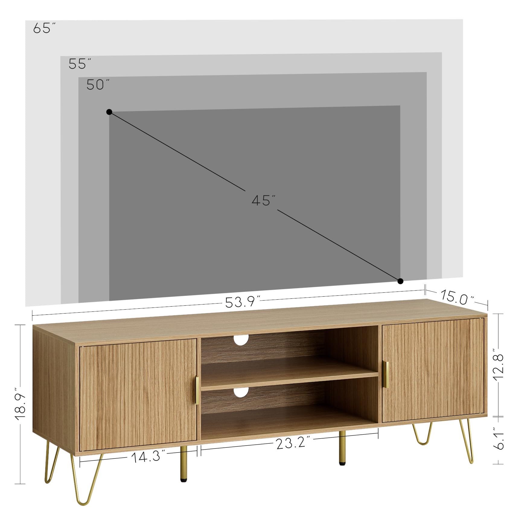 HEYZOEY Oak Fluted TV Stand, 2 Cabinets, Gold Legs, for TVs up to 65 in