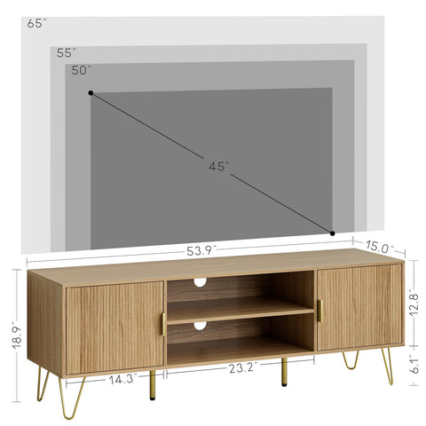 HEYZOEY Oak Fluted TV Stand, 2 Cabinets, Gold Legs, for TVs up to 65 in