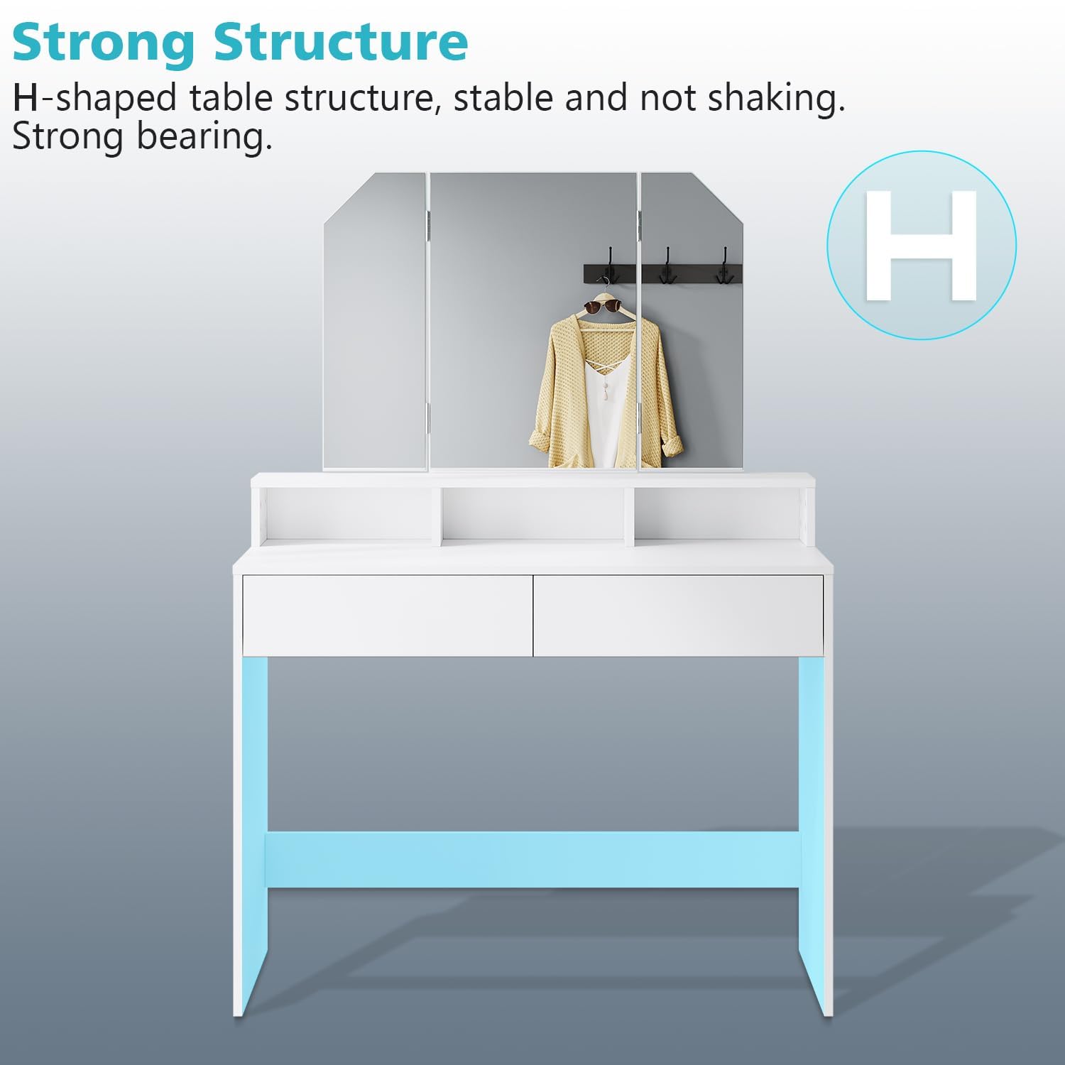ELEGANT Dressing Table with180° Tri-fold Mirror & 2 Drawers, 100x40x142cm