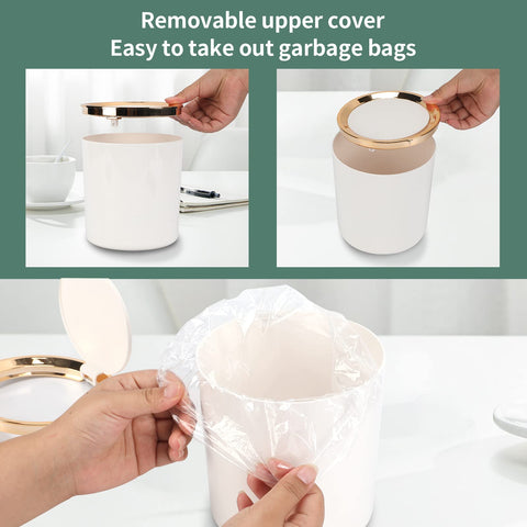Desk Bin with Lid, Mini Table Trash Can,15 * 14.5cm Portable Small Dustbin for Bathroom Living Room Kitchen Car Dressing Table (White)