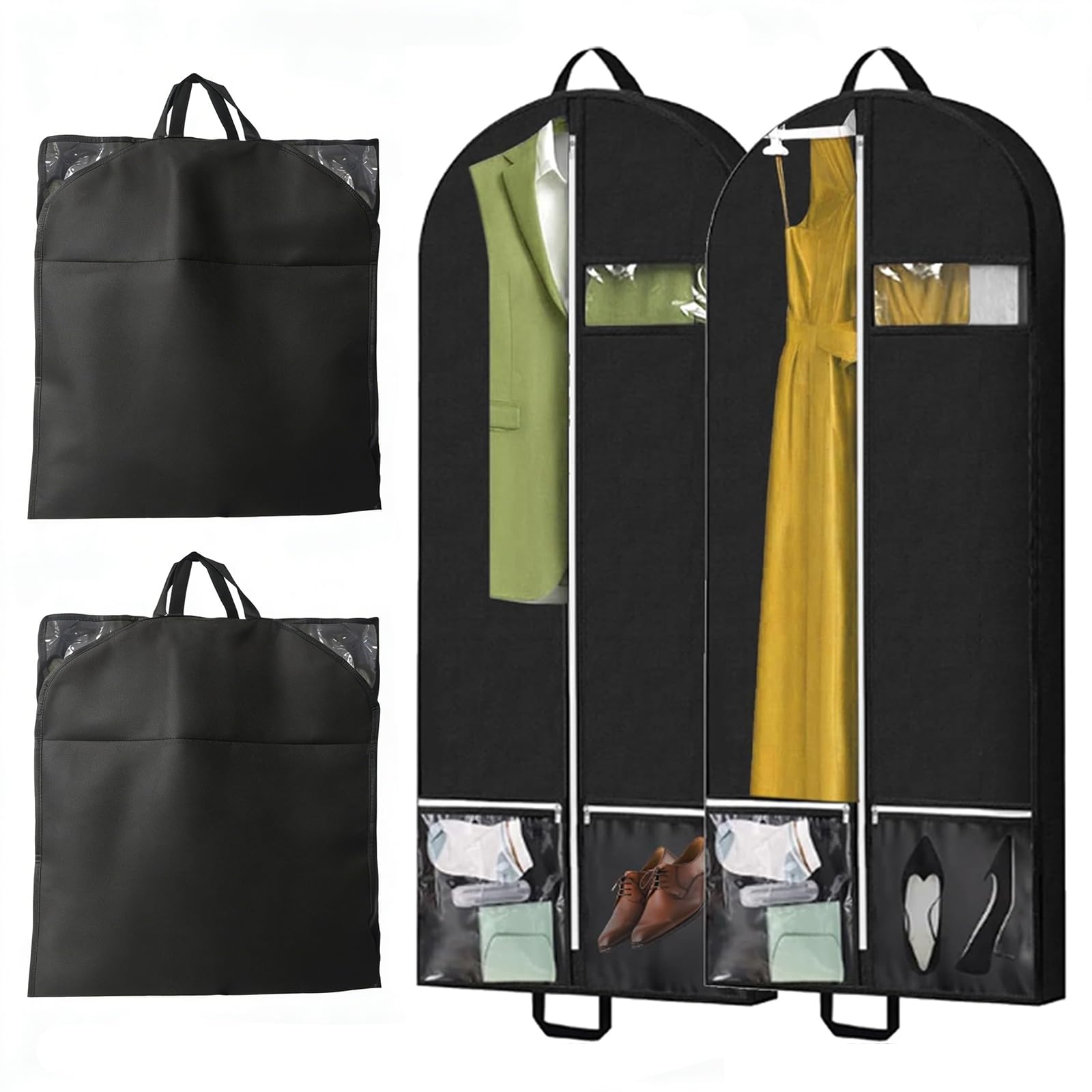 2 Pack Garment Bags for Hanging Clothes, 54x23x4 Inch Foldable Suit Cover with Clear Zipper Pockets & Handles, Heavy Duty Storage Carriers for Travel