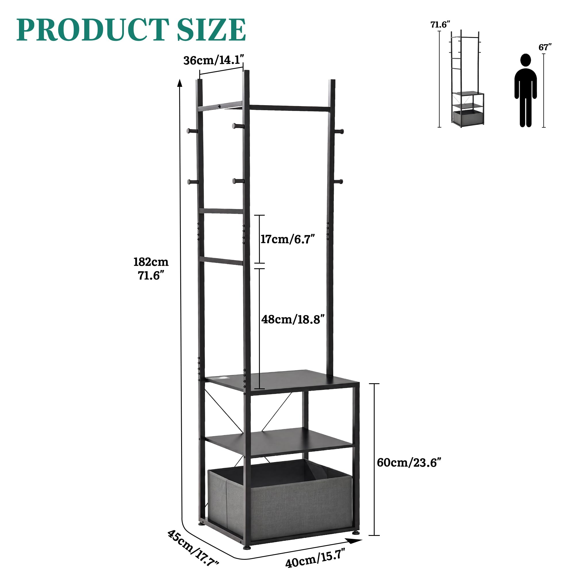 YITAHOME Coat Stand, Clothes Rack Hall Tree with Shelves & Hooks, Grey