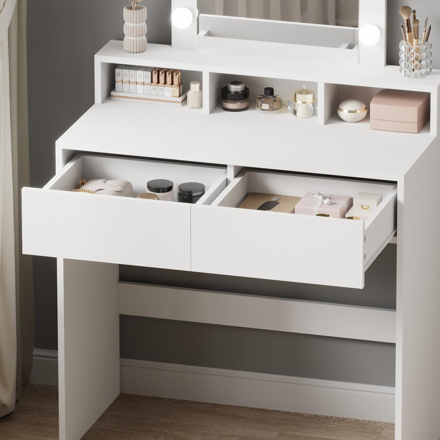 WestWood Modern LED Dressing Table with Hollywood Mirror, Makeup Vanity Desk with Drawers and Open Shelves