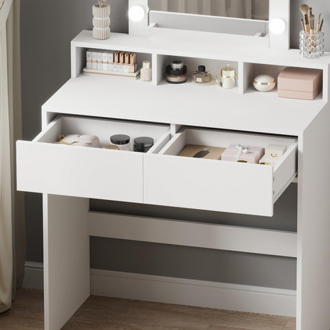 WestWood Modern LED Dressing Table with Hollywood Mirror, Makeup Vanity Desk with Drawers and Open Shelves