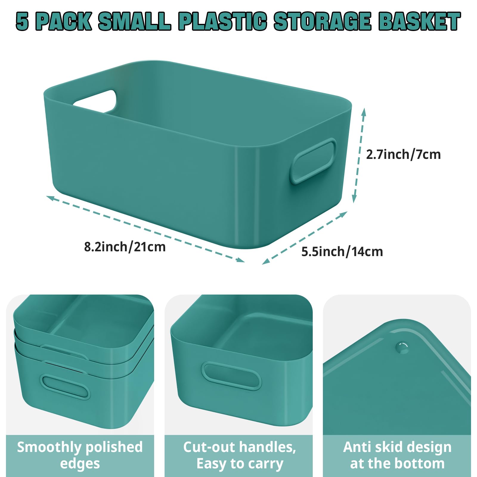 W&H 5 PCS Green Plastic Storage Boxes with Handle, Small Storage Baskets, Rectangular Home & Kitchen Organiser, Cupboard Boxes for Shelves, Bathroom