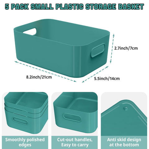 W&H 5 PCS Green Plastic Storage Boxes with Handle, Small Storage Baskets, Rectangular Home & Kitchen Organiser, Cupboard Boxes for Shelves, Bathroom