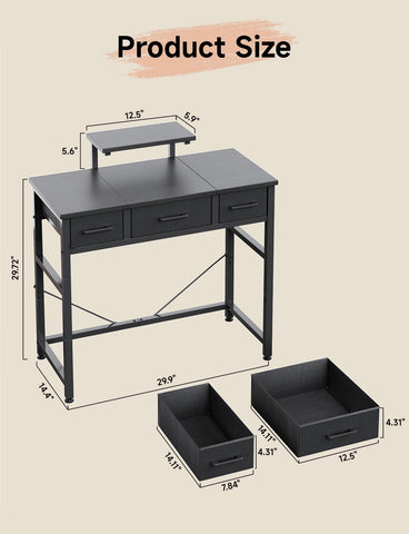 KitMent Small Desk with 3 Fabric Drawers, Small Computer Desk with Adjustable Monitor Stand and Hook, 76x36cm Table for Makeup Vanity