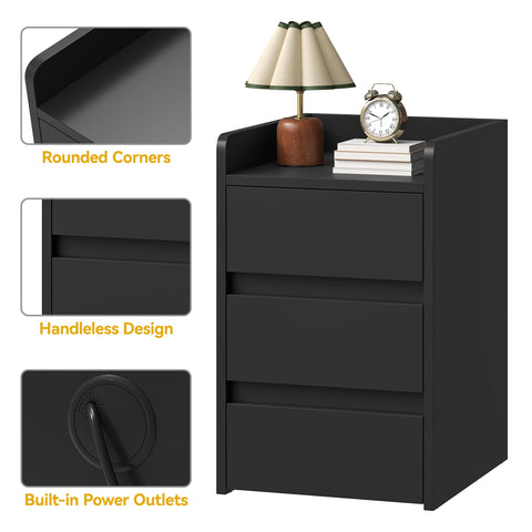 YITAHOME Bedside Table 3 Drawers Charging Station Nightstand Storage Black