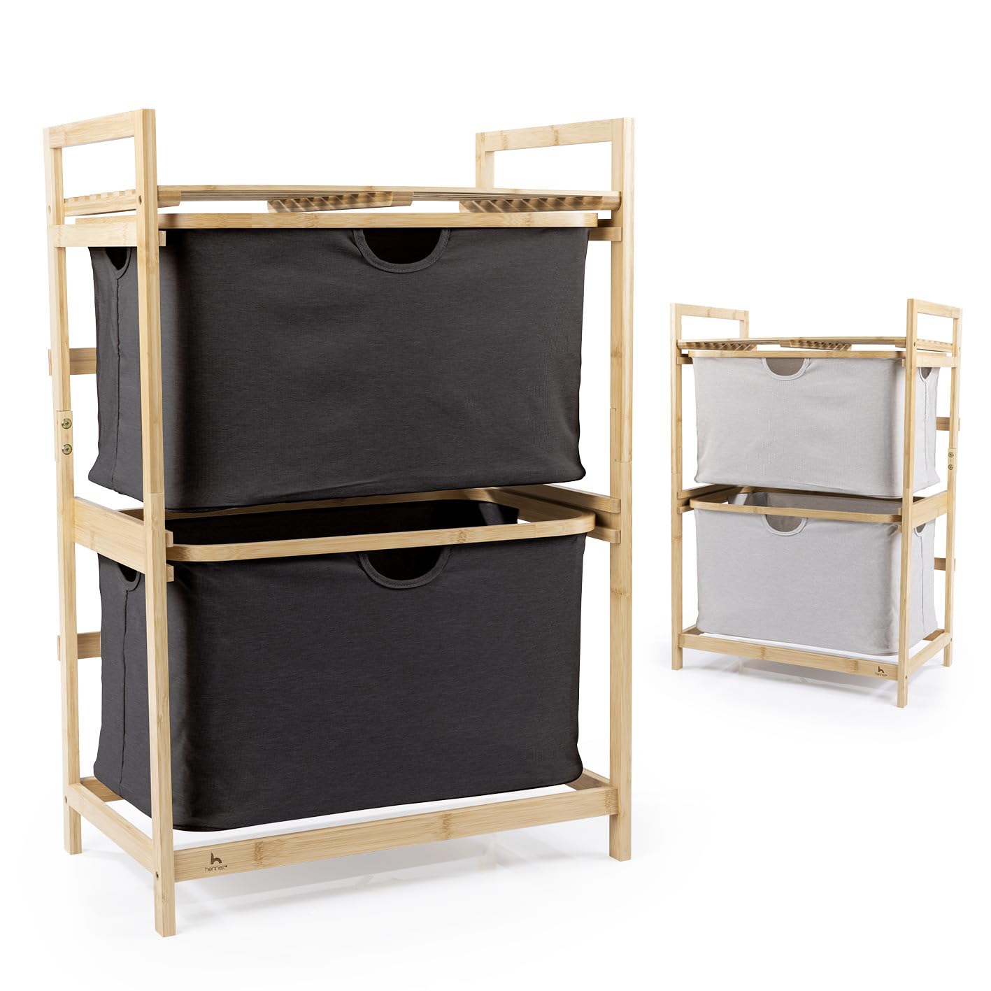 HENNEZ Bathroom Shelf, 2 Compartments, Bamboo Shelf with Shelf and 2 Baskets, Bathroom Shelf with Drawer Boxes, Standing Shelf