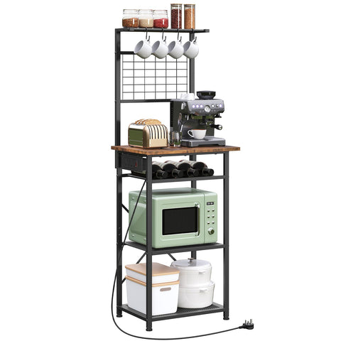 MAHANCRIS Bakers Rack, Microwave Stand with Power Outlet, Coffee Bar Station with Wine Rack and Hooks, Kitchen Storage Shelf