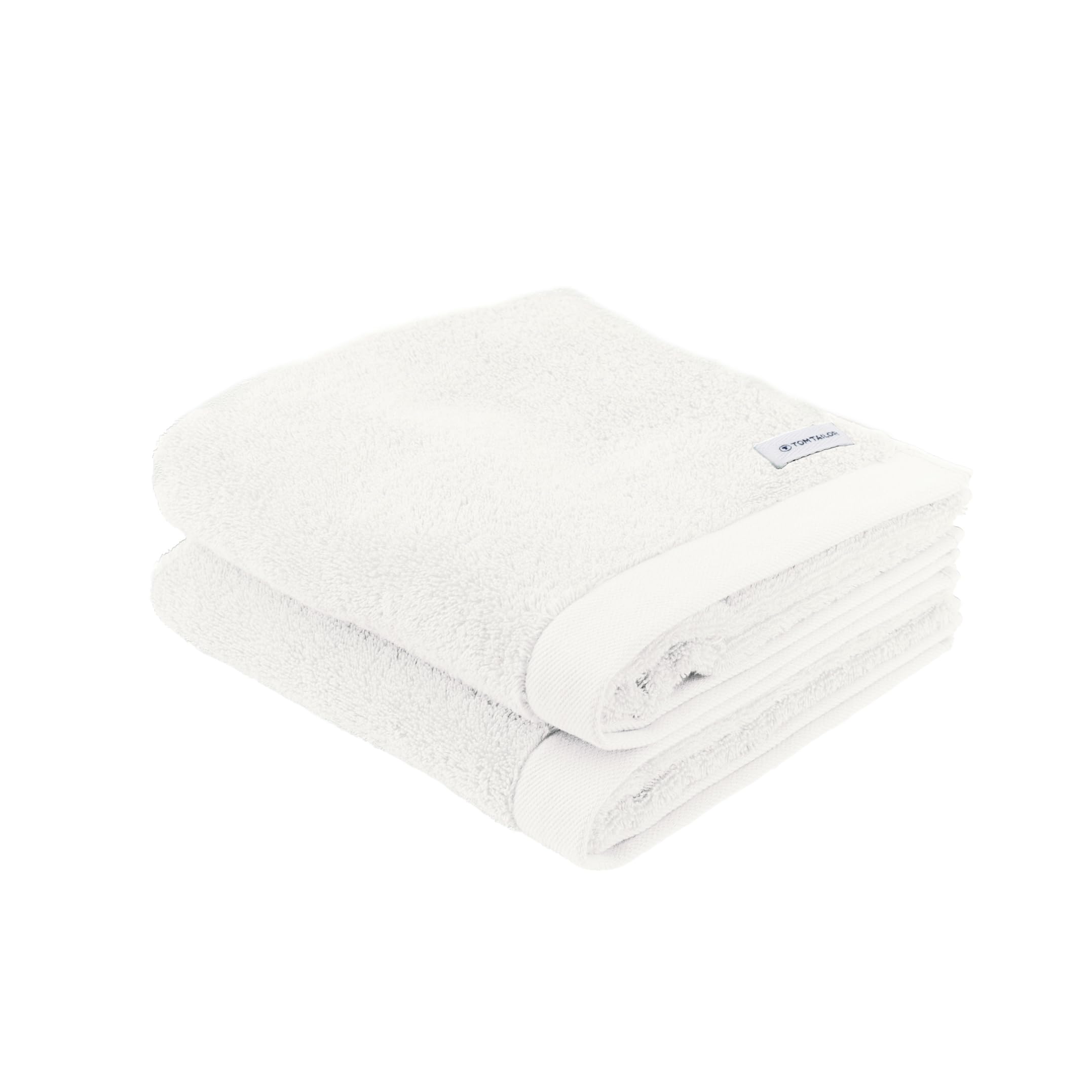 TOM TAILOR Hand Towels, Set of 2, 50 x 100 cm, 100% Cotton/Terry Towel, with Hanger and Label with Logo, Colour Bath Towel White (Crisp White)