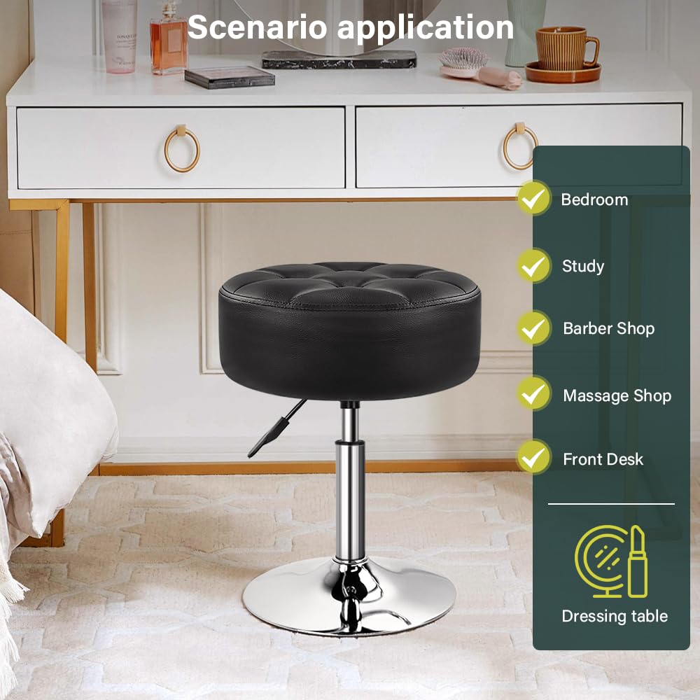 BFTOU Black 4.9-inch Thickened Vanity Stool Round PU Leather Swivel Height Adjustable Makeup Chair Ottoman for Bedroom Living Room SPA Salon Shop