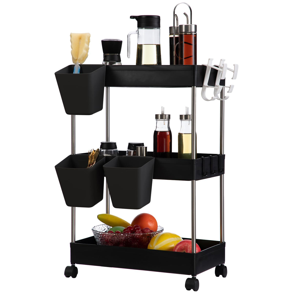 DOEWORKS Storage Trolley Cart, 3-Tier Storage Cart with Wheels Rolling Utility Cart with Hanging Cups Multi-Purpose Storage Shelf Rack for Kitchen