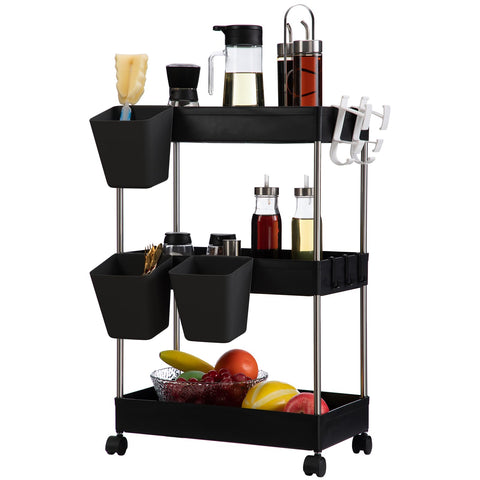 DOEWORKS Storage Trolley Cart, 3-Tier Storage Cart with Wheels Rolling Utility Cart with Hanging Cups Multi-Purpose Storage Shelf Rack for Kitchen