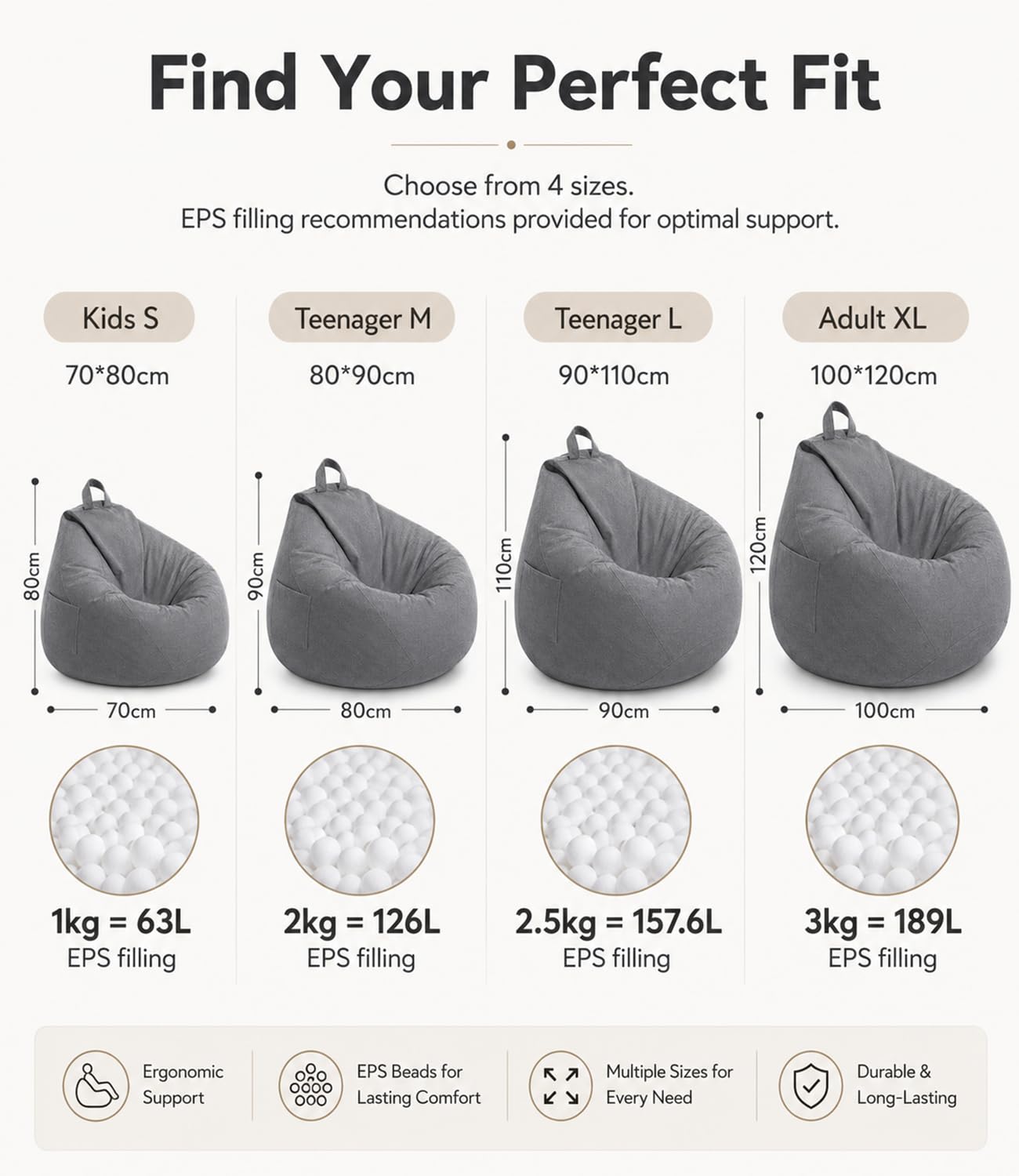 Highdi Bean Bag Without Fillings - Cotton Linen Durable & Comfortable, Storage Grey Bean Bag Chair for Living Room/Bedroom/Gaming Room