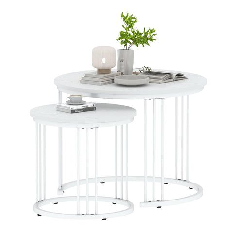 Huhote Round Coffee Tables, Set of 2 End Table, Nesting Tables, Side Table with Metal Frame for Living Room/Bedroom/Balcony/Office/Apartment
