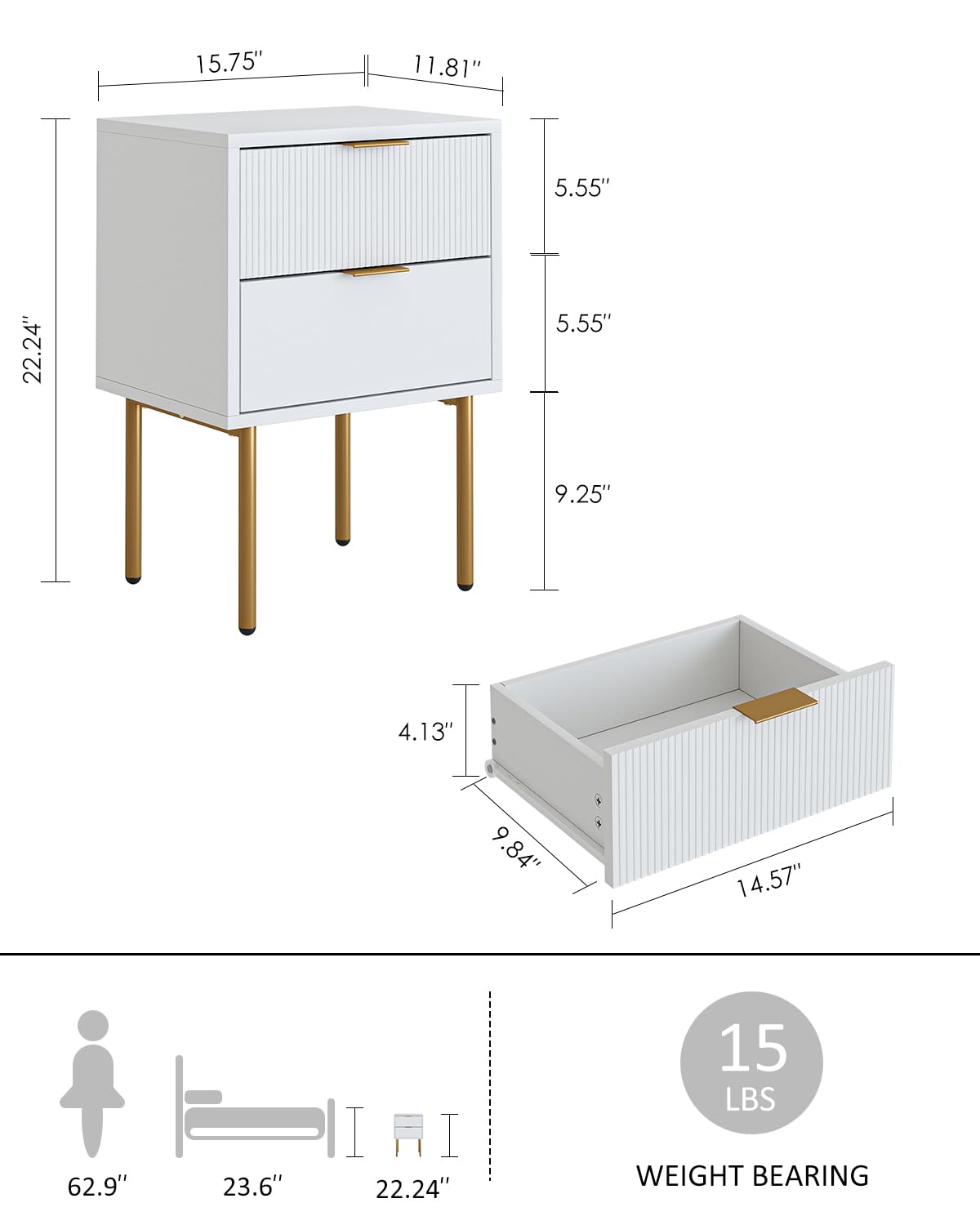HEYZOEY Bedside Table, Small Bedside Tables with 2 Drawers, Wooden Nightstand with Gold Legs, Mid-Century Modern Bed Side End Table for Bedroom