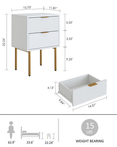 HEYZOEY Bedside Table, Small Bedside Tables with 2 Drawers, Wooden Nightstand with Gold Legs, Mid-Century Modern Bed Side End Table for Bedroom