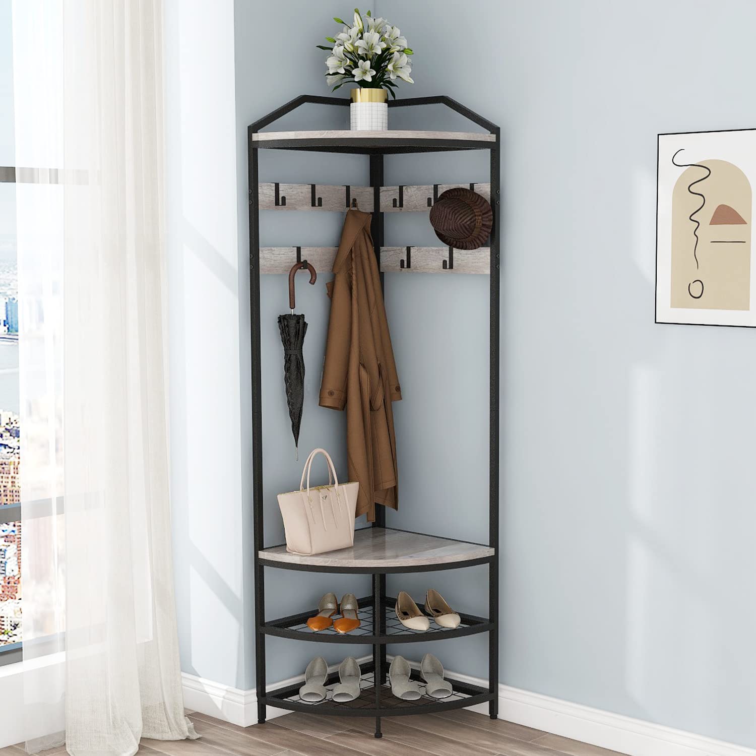 VEDECASA Corner Hall Tree Coat Rack with Shoe Bench and Storage Shelf 4-Tier Freestanding Entryway Corner Organizer with 10 Metal Movable Hooks and