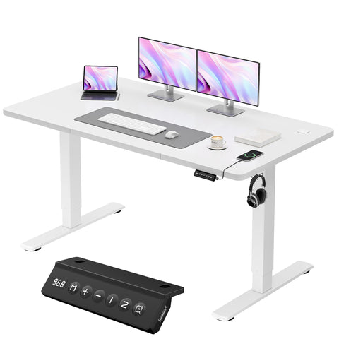 JUMMICO Electric Standing Desk 140x60cm – Height Adjustable with USB Charging, Sedentary Reminder, Memory Heights for Home Office Use, White